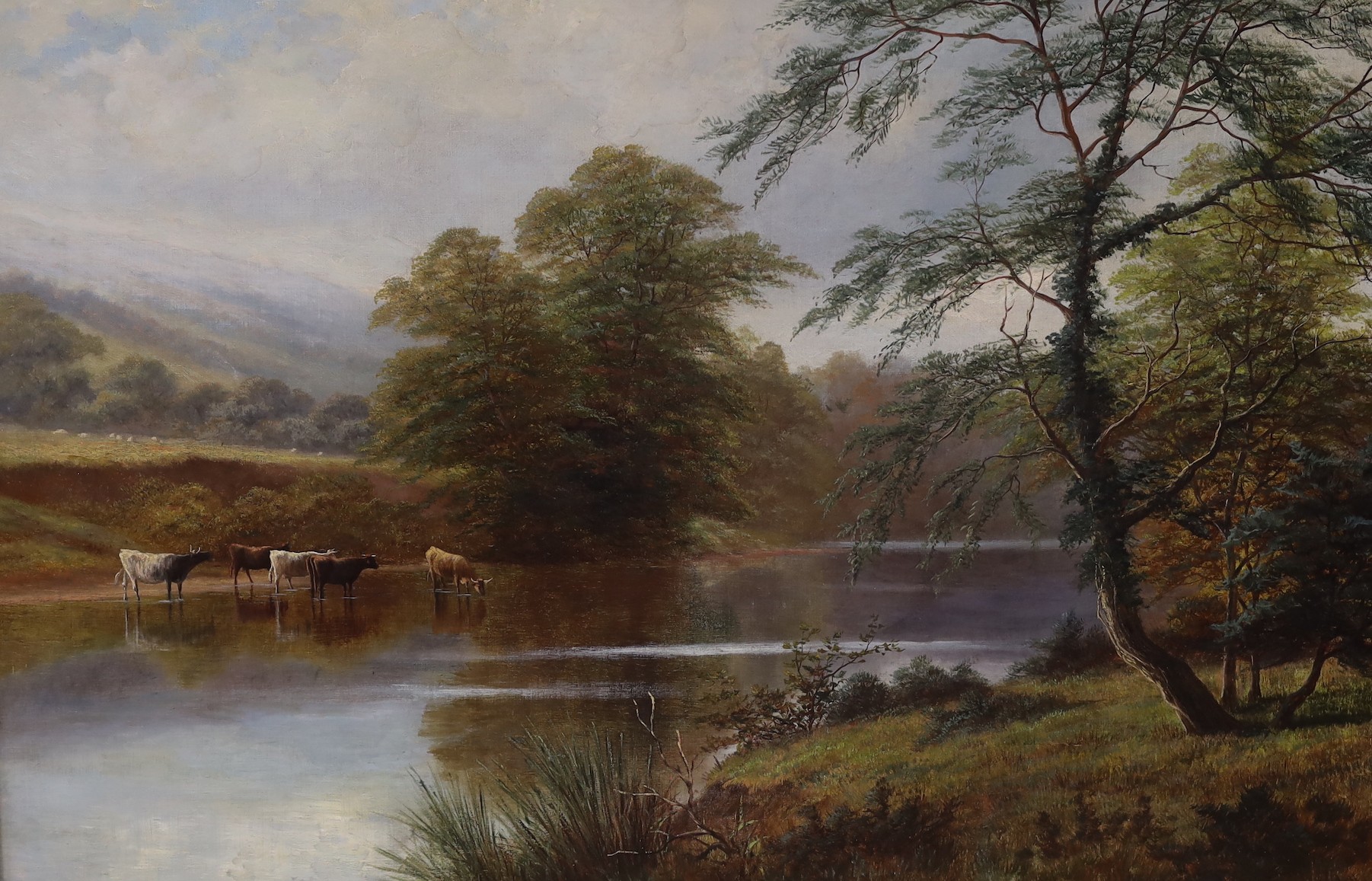 William Mellor (1851-1931), oil on canvas, Cattle watering, signed 59 x 89cm